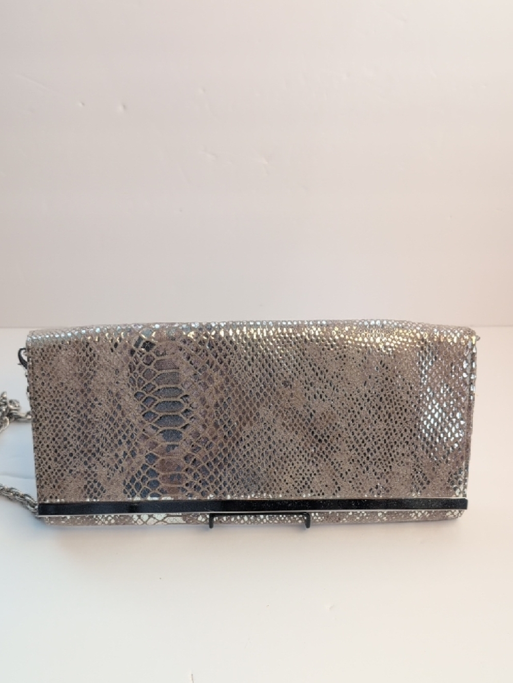 White House Black Market Silver Snake-Embossed Chain Clutch - Picture 2 of 14